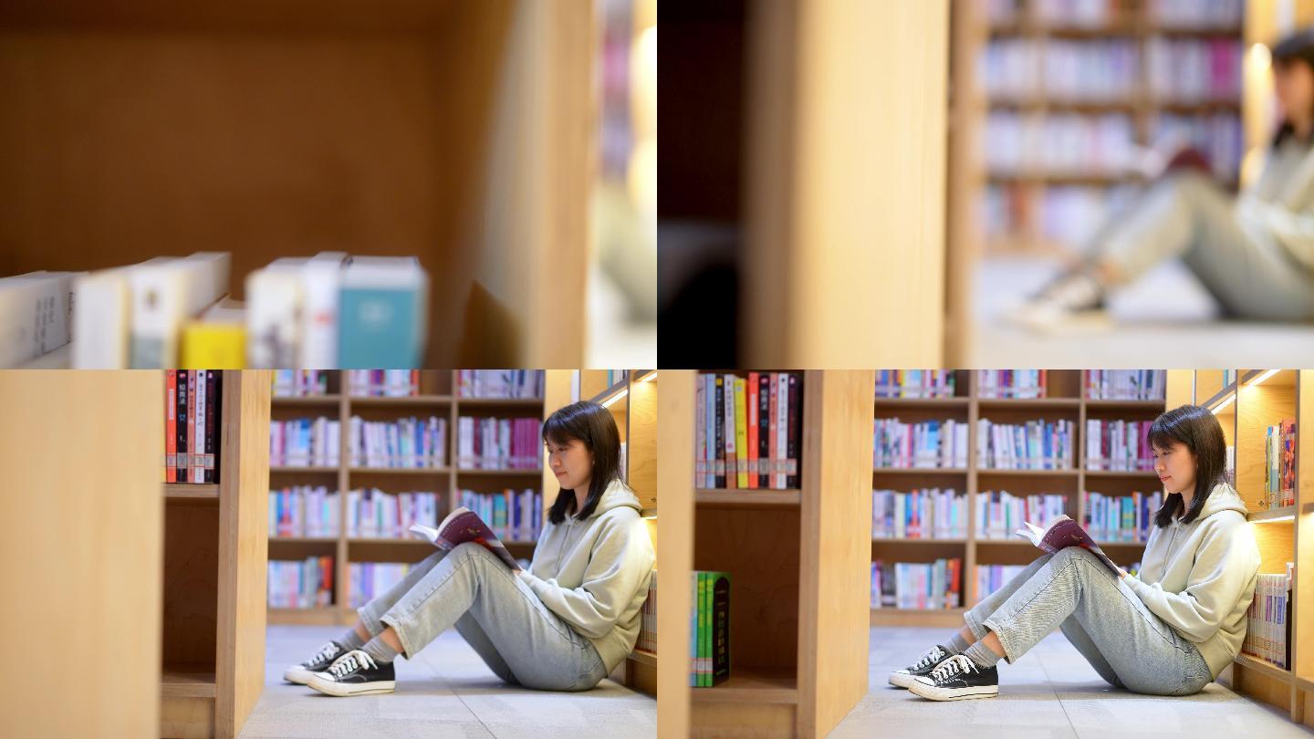 年轻女子图书馆坐在书架前翻看书本