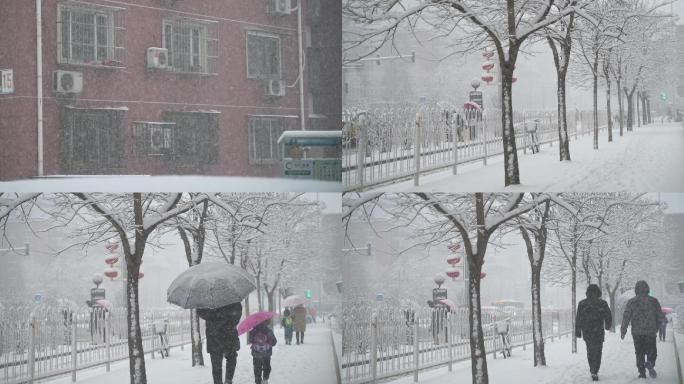 城市雪景，北京鹅毛大雪，雪中行人，下雪天