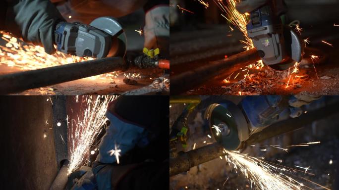 4K工业切割-电锯火花-工人切割钢材