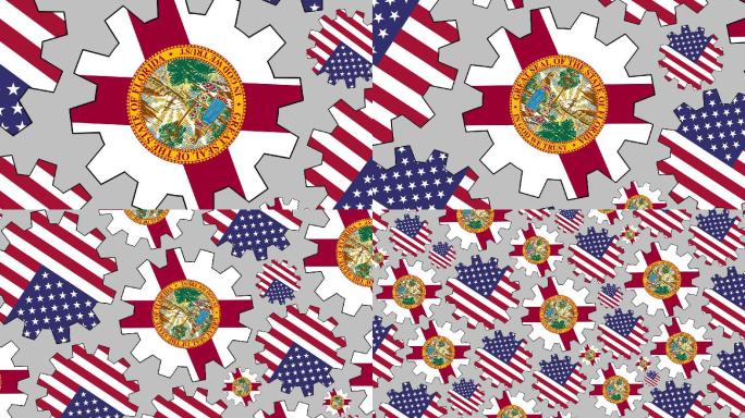 美国和佛罗里达州国旗齿轮旋转背景