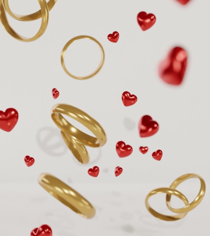 金属红色心形和结婚戒指背景