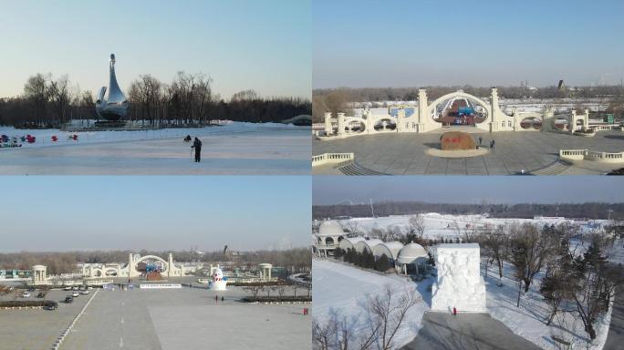 哈尔滨太阳岛冬季航拍雪雕集合冰墩墩