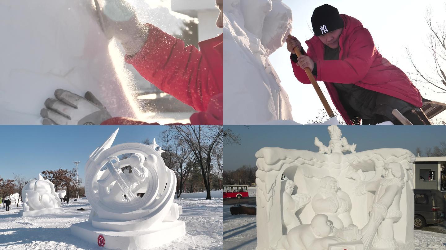 雕塑雪雕建筑雕刻过程雪博会冰雪雕像