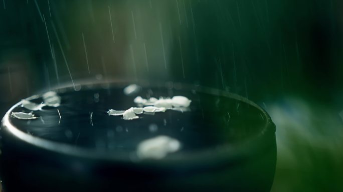 水面花瓣下雨细雨绵绵