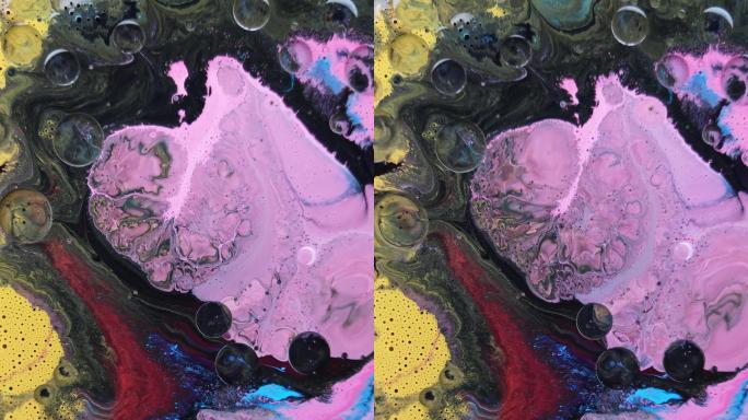 抽象的粉色丙烯酸颜料在油画上画出形状