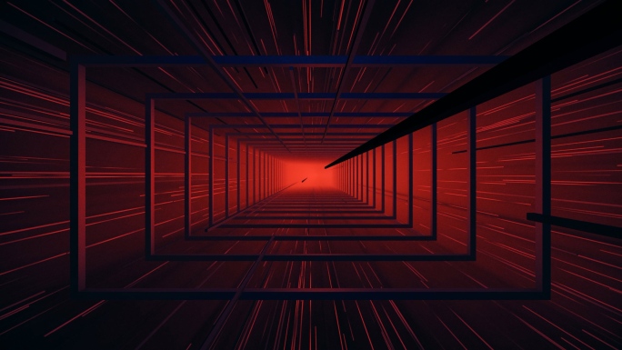 【4K时尚背景】红蓝3D矩形隧道科幻光线