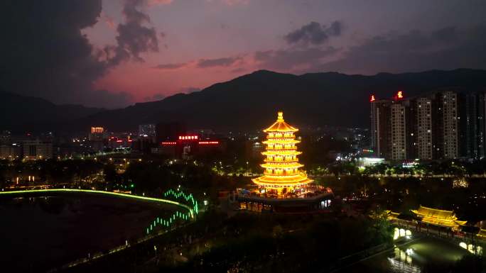 4k临沧夜景锁水阁玉龙阁航拍