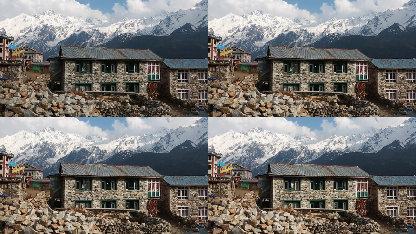 尼泊尔 珠峰南坡 雪山 蓝天白云 房子