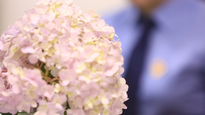 检察官办公室花朵和身上国徽特写