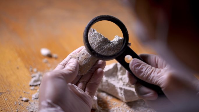 考古人员手捧文物用放大镜观察研究