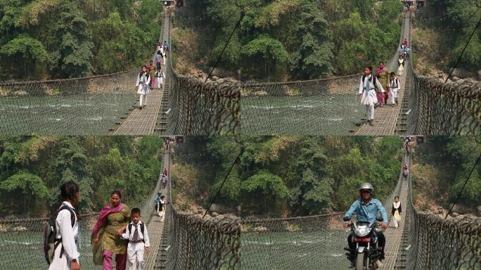 尼泊尔 加都 乡农村 铁索桥河流 行人