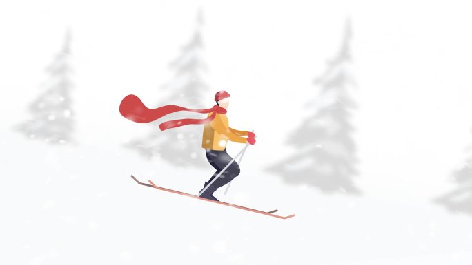 年轻人穿着冬衣滑雪动画。