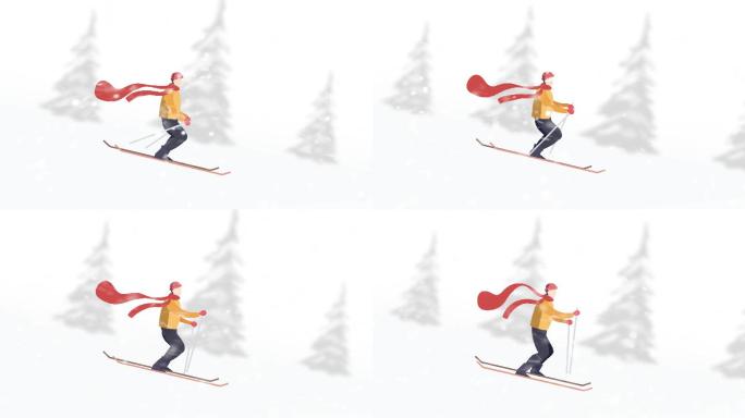年轻人穿着冬衣滑雪动画。
