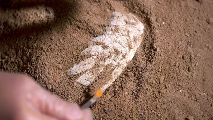 考古发掘人员用刷子轻轻扫去覆盖文物上沙泥