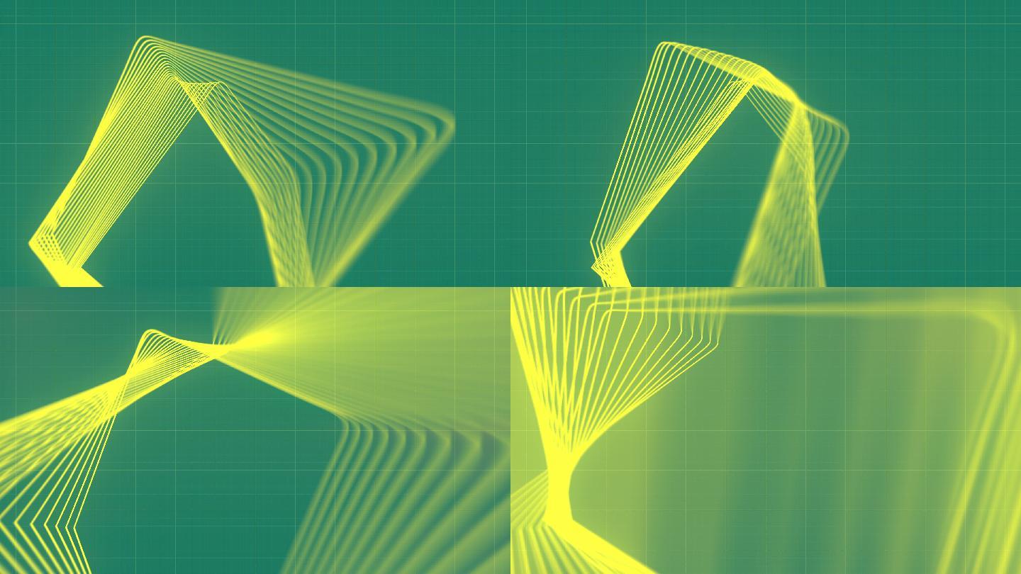 抽象科技黄线在绿色背景上扭曲。