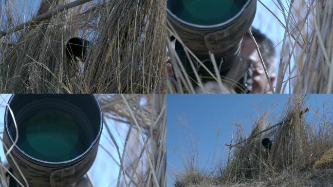 在草丛中用单反相机拍摄鸟类的摄影师