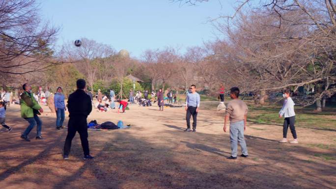 4K春天戴口罩人群在公园踏青