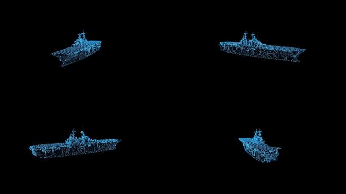 4K蓝色线框全息科技航母动画素材带通道
