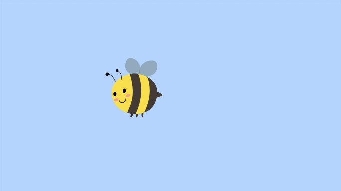 可爱的卡通蜜蜂在蓝色背景下从左向右飞行