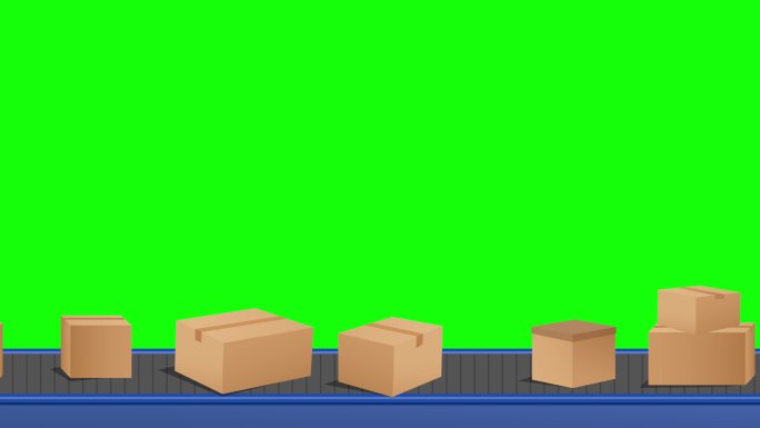 3D封闭纸板箱的动画正在传送带运行中。