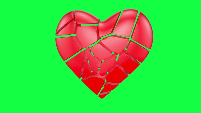 绿色屏幕上旋转红色心碎形状。
