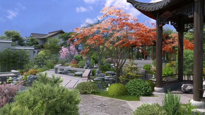 徽派中式公园景观水池庭院凉亭