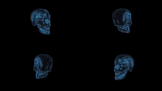 4K蓝色全息科技线框机械头骨旋转带通道