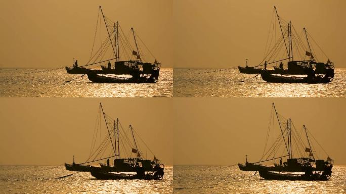 渔船帆船出海 夕阳落日 大海海洋金色海面
