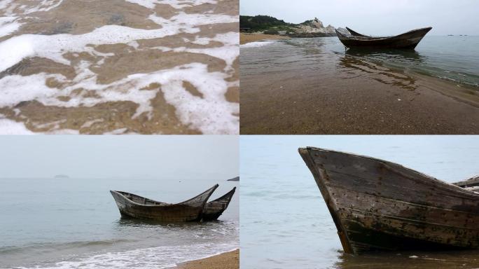 沙滩船只渔船旧船 浪花海浪白色浪花