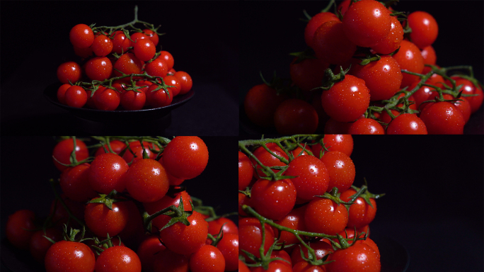 小西红柿圣女果小番茄水珠转盘旋转展示暗调