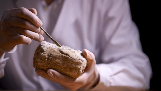 考古人员捧起文物用洛阳铲铲除文物上的灰土