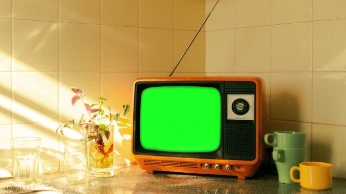厨房柜台上的复古绿色屏幕电视