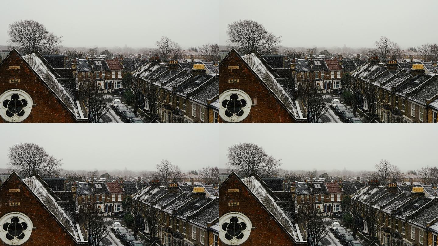 英国伦敦小镇下雪冬天冬季