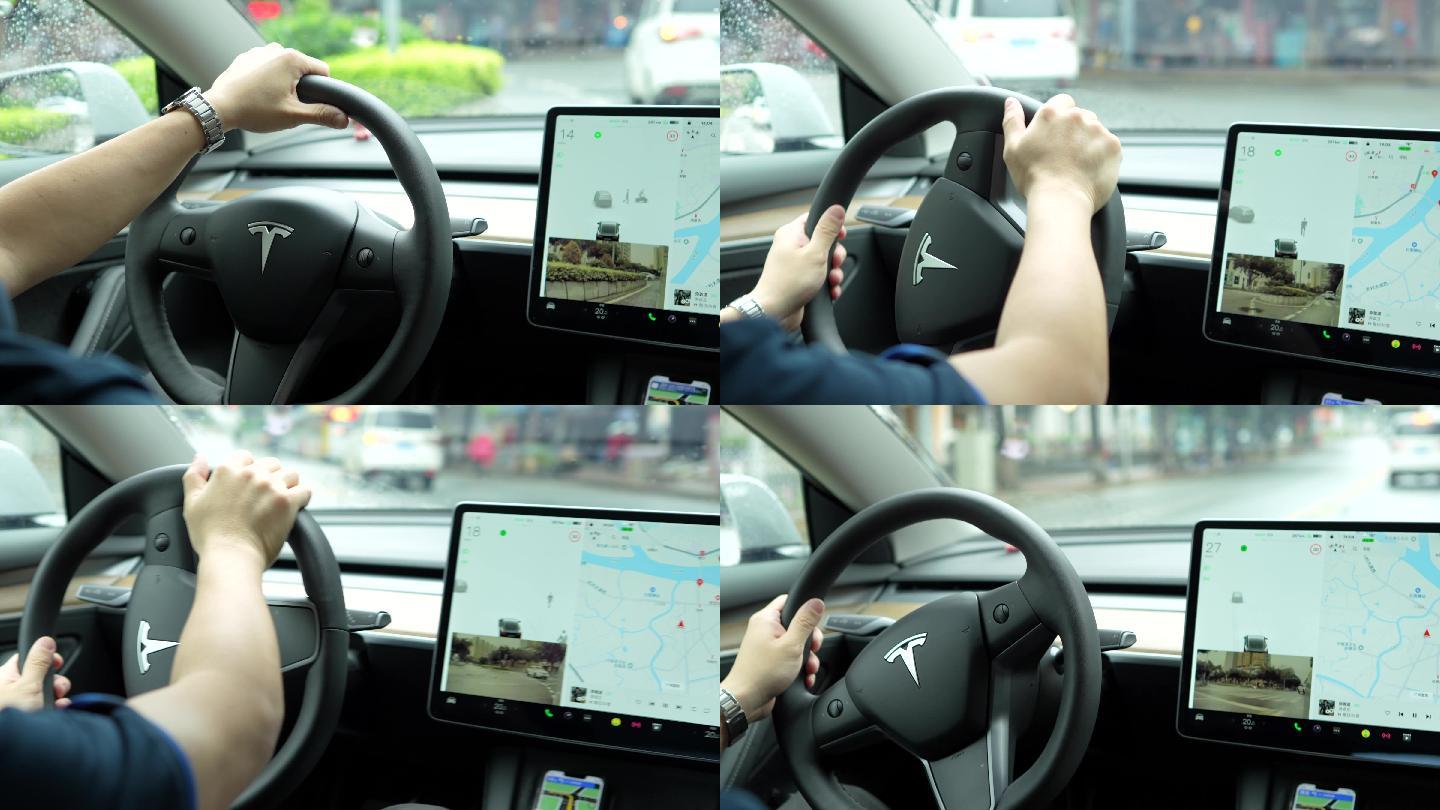 【4K正版】驾驶特斯拉新能源车转弯镜头