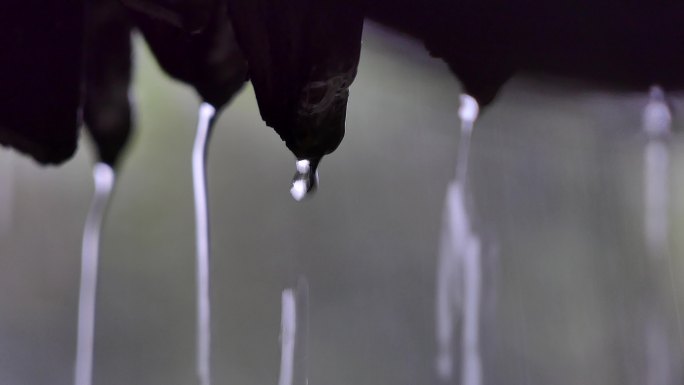 阴天瓦沿雨水滴落屋檐雨水降雨