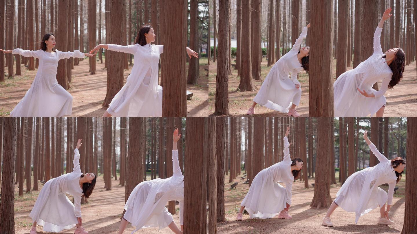 4K春天美女在森林里练瑜珈-自然户外美女