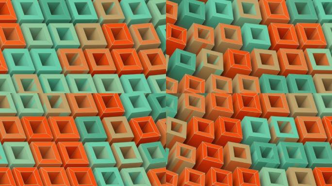 现代几何图案，旋转的多色盒子