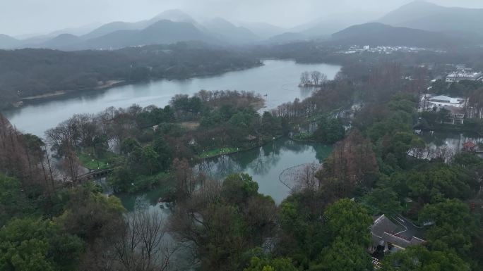 杭州西湖边下雪航拍