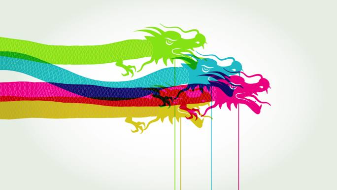 五颜六色的中国新年龙舞重叠剪影