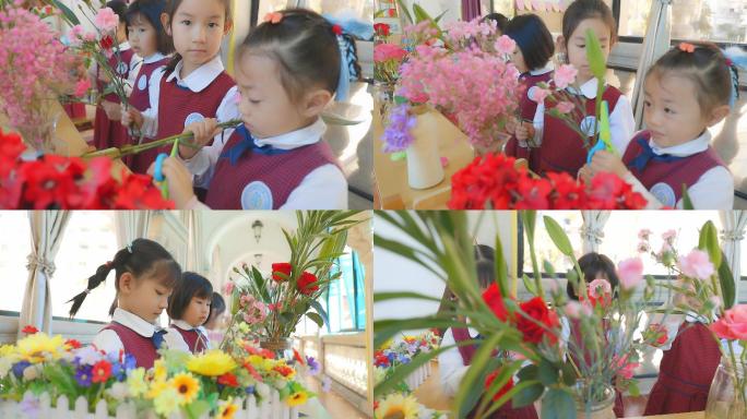 教师节六一儿童节小女孩一起分享插花艺术