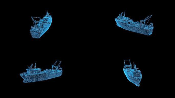 蓝色线框全息科技渔船动画素材带通道