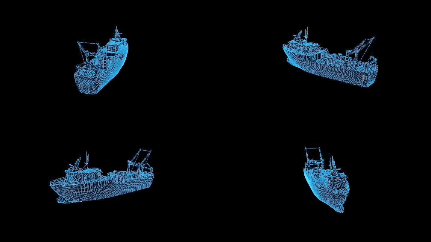 蓝色线框全息科技渔船动画素材带通道