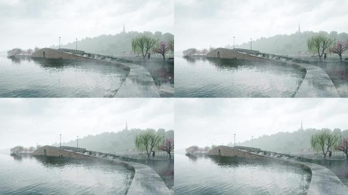 杭州西湖断桥雨季春天
