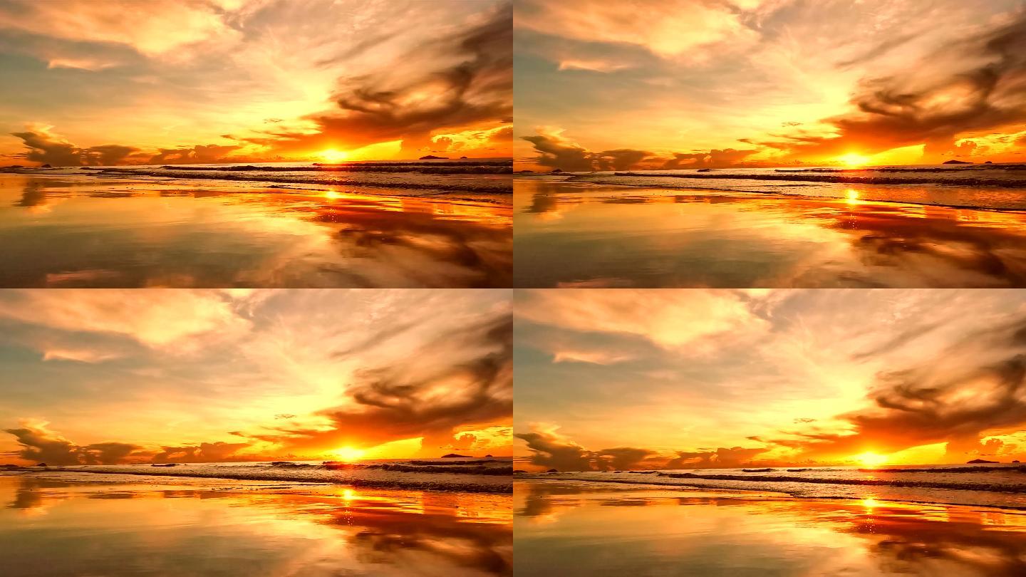海上日出视频海边沙滩金色太阳火烧云