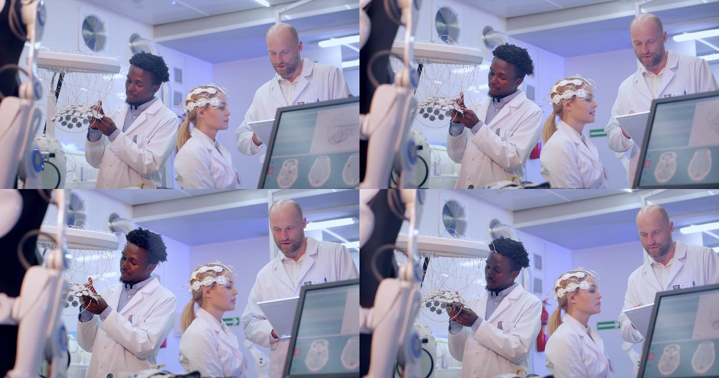 科学家在实验室检查脑波扫描耳机