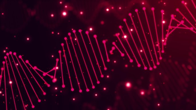 DNA结构发光分子在红色背景上旋转