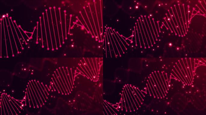 DNA结构发光分子在红色背景上旋转