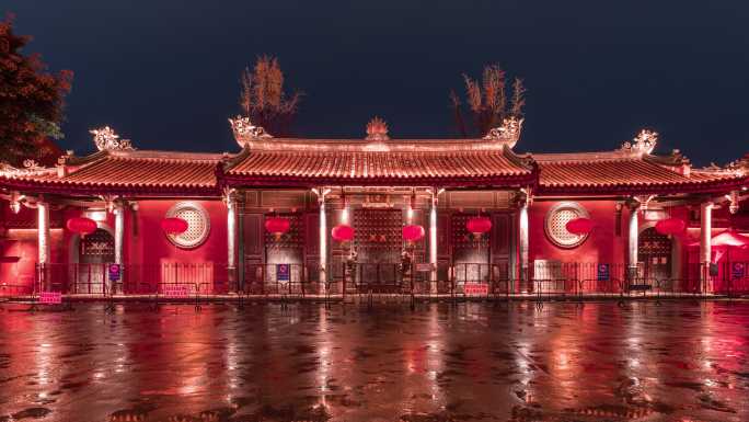 潮洲开元寺雨天夜景延时