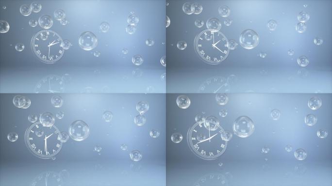 时钟转动计时透明水泡随机飘动的蓝色背景