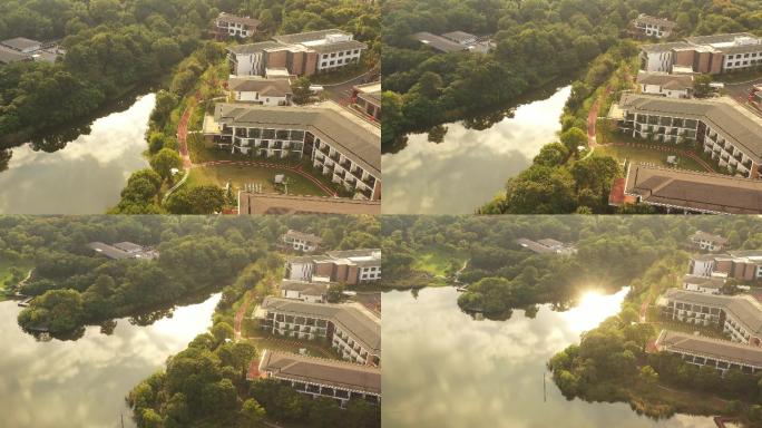 夕阳城市湖边酒店运镜镜头组航拍4K